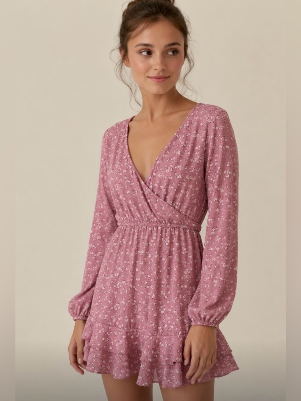 Dusty Rose Floral Faux Wrap-Front Long Sleeve Short Dress